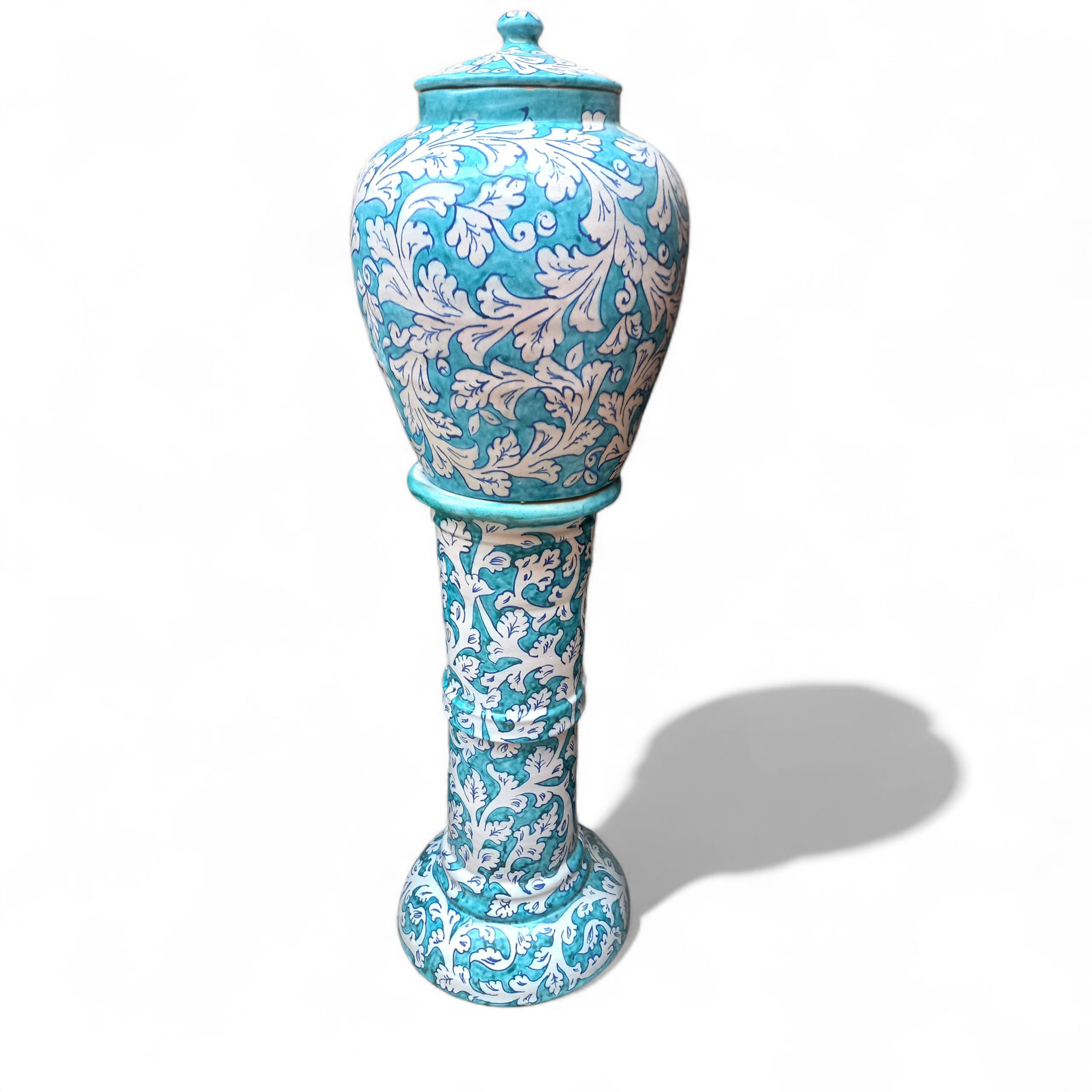 Turquoise Floral Urn with Stand